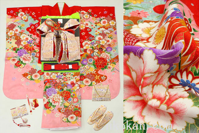 【進興館】新作 七五三 正絹 7歳用 女の子 高級 振袖 着物フルセット◆赤色系 鼓◆sdyuri023拍卖