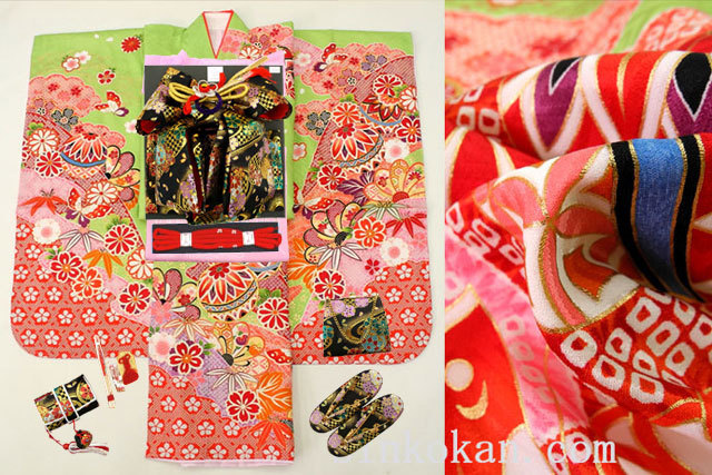 【進興館】新作 七五三 正絹 7歳用 女の子 高級 振袖 着物フルセット◆黄緑色系 しぼり柄 鞠◆sdyuri030拍卖