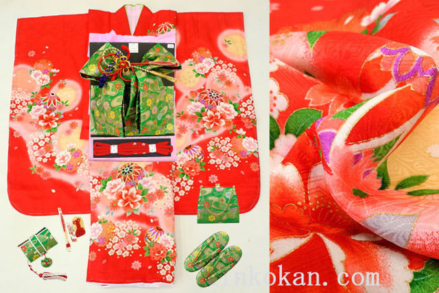 【進興館】新作 七五三 正絹 7歳用 女の子 振袖 着物フルセット◆赤色 ぼかし鞠◆sdtt9952拍卖