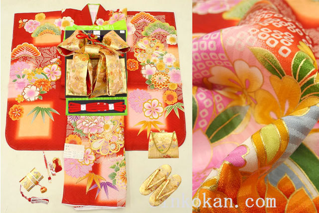 【進興館】新作 七五三 正絹 7歳用 女の子 高級 振袖 着物フルセット◆赤茶色系 格子ぼかし 桜に花◆sdyuri1025拍卖