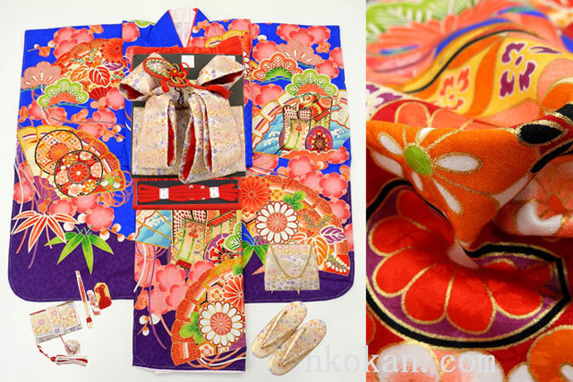 【進興館】新作 七五三 正絹 7歳用 女の子 高級 振袖 着物フルセット◆青色系 扇に御所車◆sdyuri016拍卖