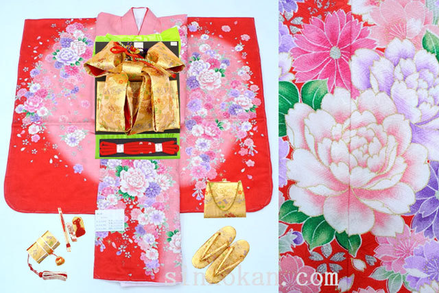 【進興館】新作 七五三 正絹 7歳用 女の子 振袖 着物フルセット◆赤ピンク系 花◆sda004拍卖