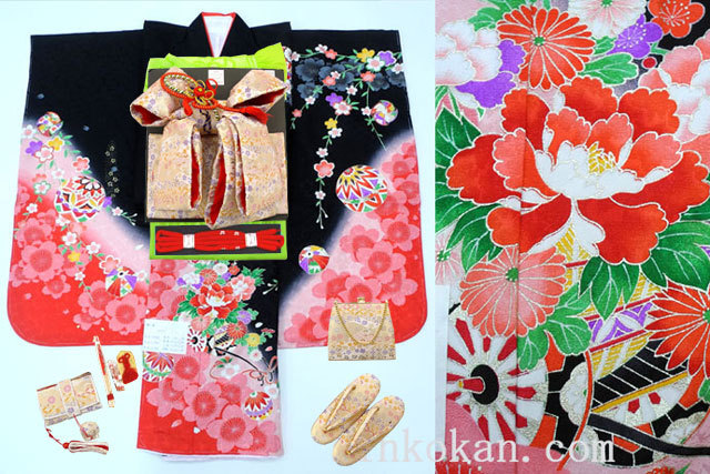 【進興館】新作 七五三 正絹 7歳用 女の子 振袖 着物フルセット◆黒色 花車に桜◆sdtt007拍卖