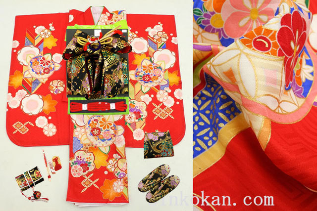 【進興館】新作 七五三 正絹 7歳用 女の子 高級 振袖 着物フルセット◆赤色系 矢羽に花◆sdyuri1052拍卖