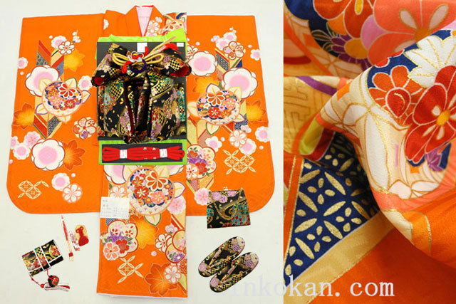 【進興館】新作 七五三 正絹 7歳用 女の子 高級 振袖 着物フルセット◆オレンジ系 矢羽に花◆sdyuri1051拍卖