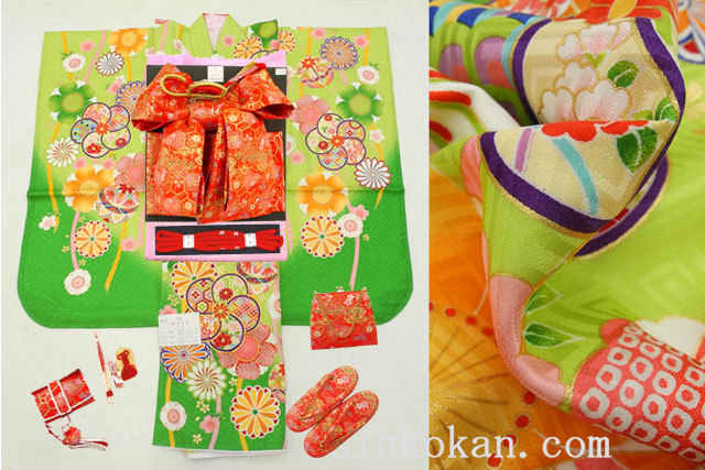 【進興館】新作 七五三 正絹 7歳用 女の子 高級 振袖 着物フルセット◆黄緑色系 古典桜に鞠◆sdyuri1057拍卖