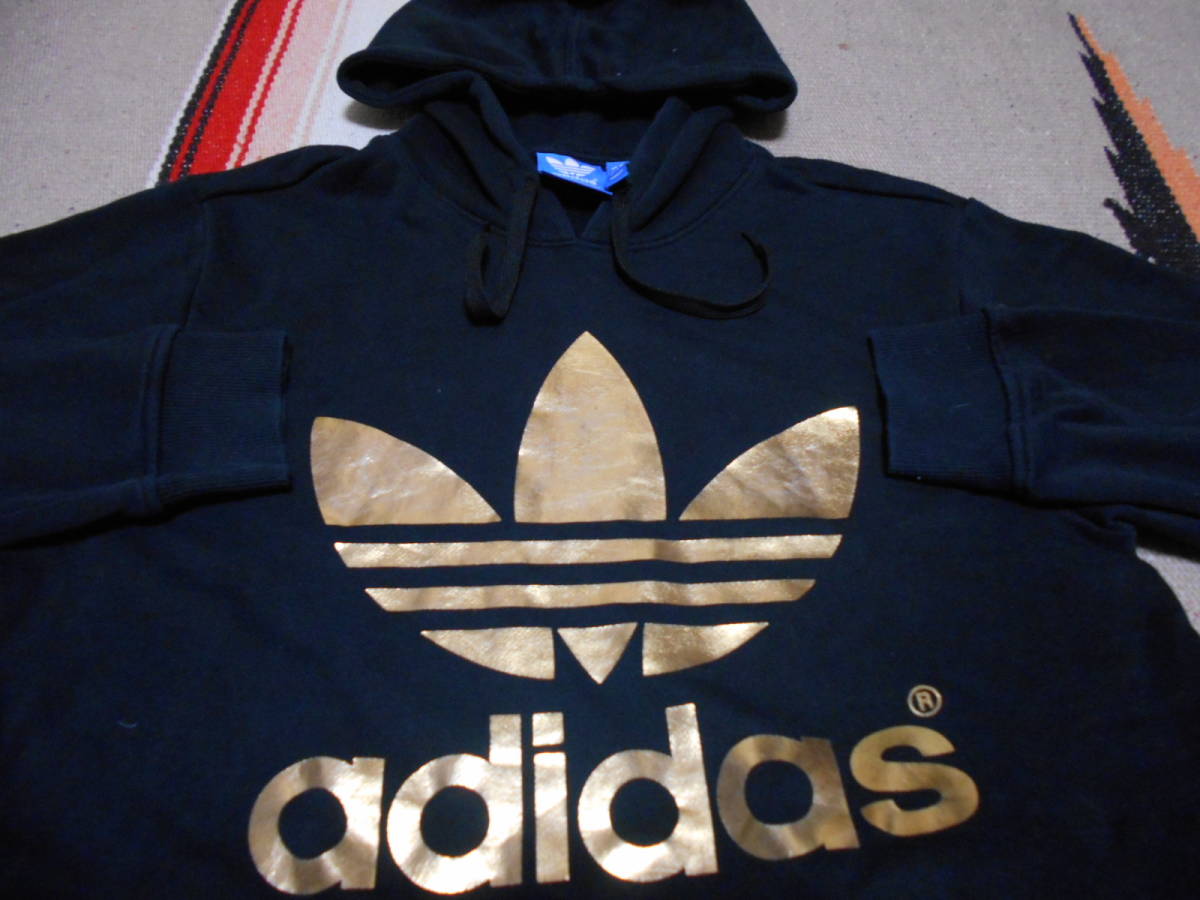 ADIDASアディダス パーカー トレホイル 黒金 M フットボール バスケットボール スケートボード ブレイクダンスHIPHOP REGGAE DJ SKATEBOARD拍卖