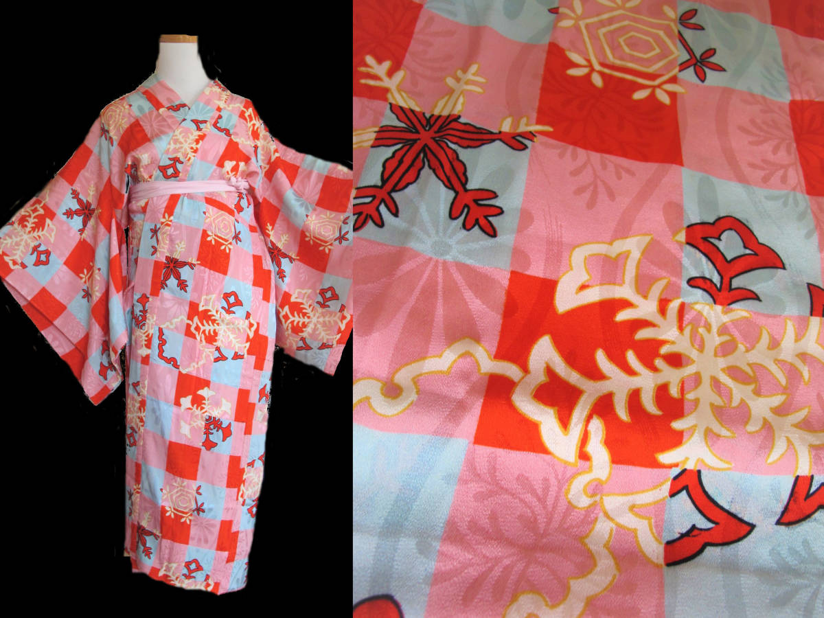 雪の結晶 雪花 紋錦紗アンティーク長襦袢 美品 市松 花立涌地紋 レターパック可拍卖