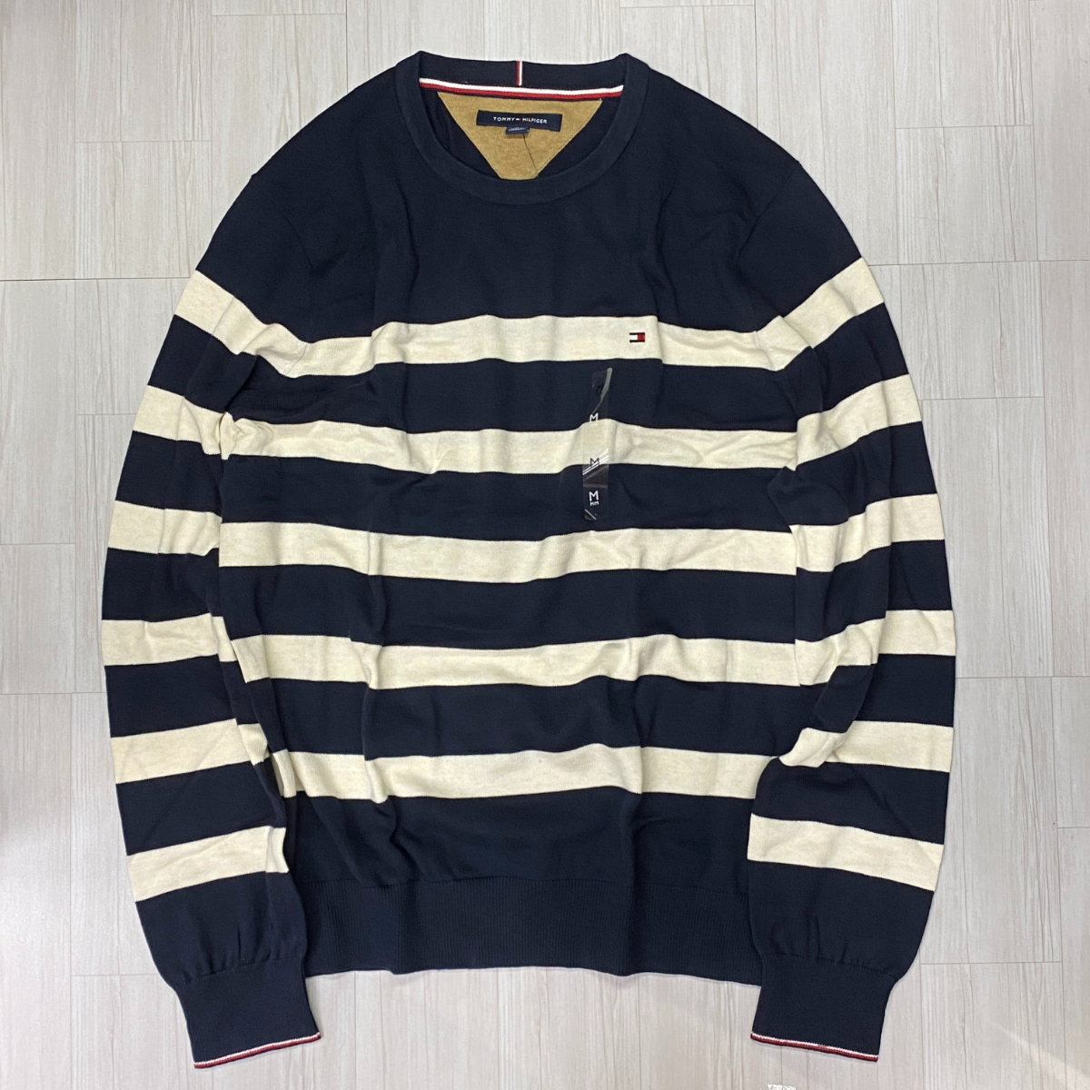 USA正規品 【XL】 トミーヒルフィガー TOMMY HILFIGER USA コットンニット ストライプ クルーネック セーター 紺 生成り ボーダー(R4F-38)拍卖