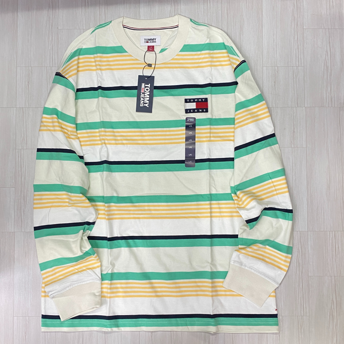 TOMMY HILFIGER USA正規品 【M】 TommyJeans トミージーンズ TJ オーバーサイズ 90s ストライプ 長袖Tシャツ バッジロゴ (R4F-20) 綿100%拍卖