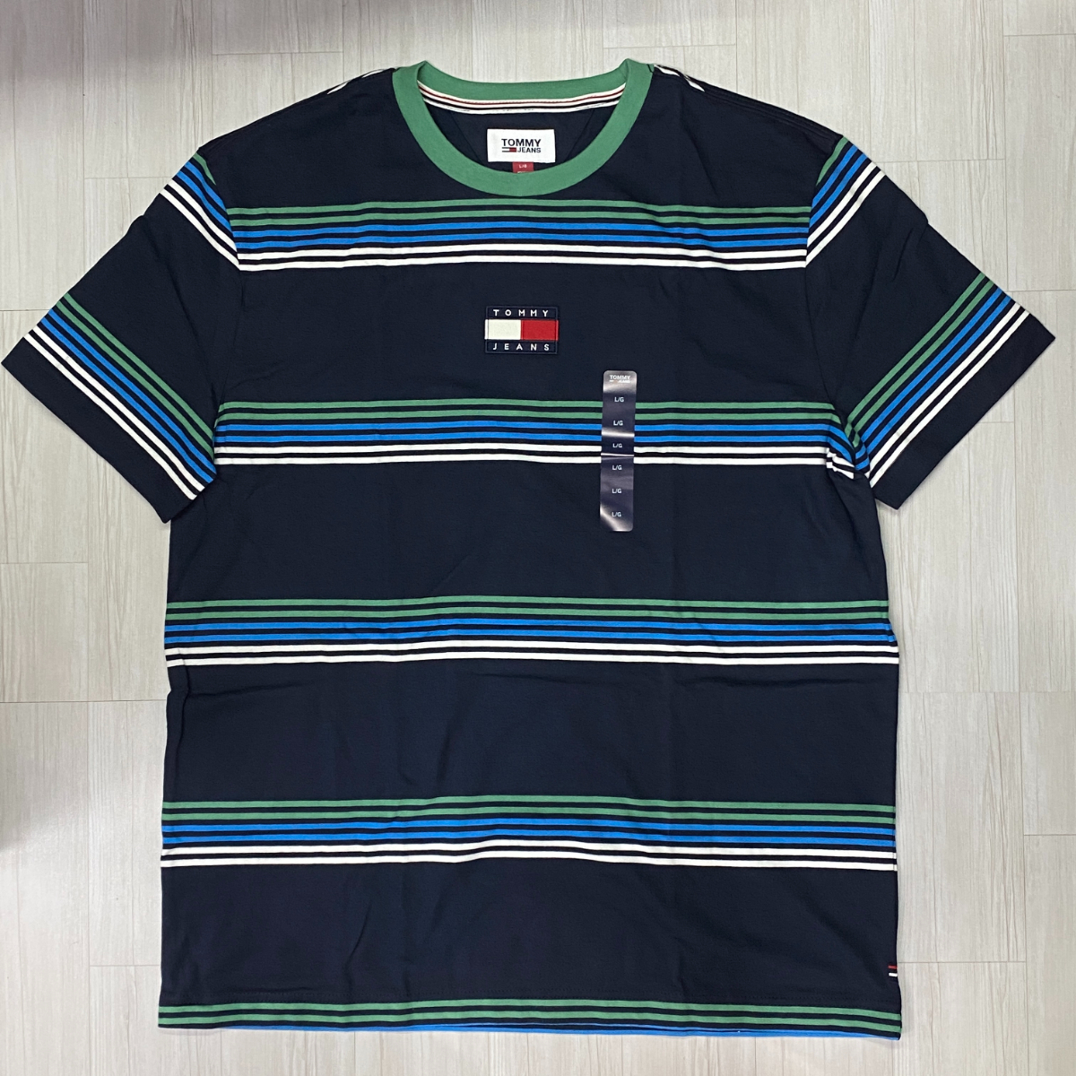 TOMMY HILFIGER USA正規品 【L】 TommyJeans トミージーンズ TJ ストライプ バッジロゴ 90s オーバーサイズ Tシャツ ネイビー (R4F-11)拍卖