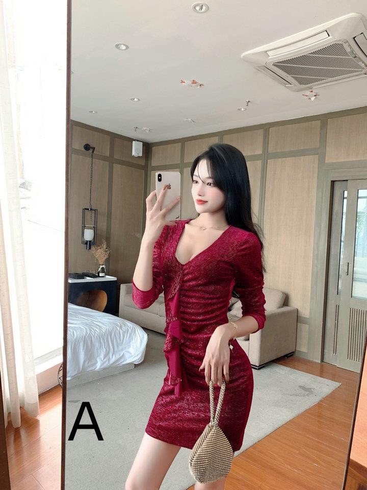 ZJM1519 *Vネック*タイトワンピース*シルバーブラック*セクシー*エロかわ?ぴったりボディライン?とろみ素材*フリル仕様拍卖