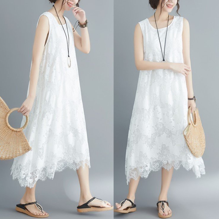 cjx1095★夏にぴったり!花柄レース ホワイト ロングワンピース 清楚 きれいめ ノースリーブ パーティ 普段使い 大人かわいい拍卖