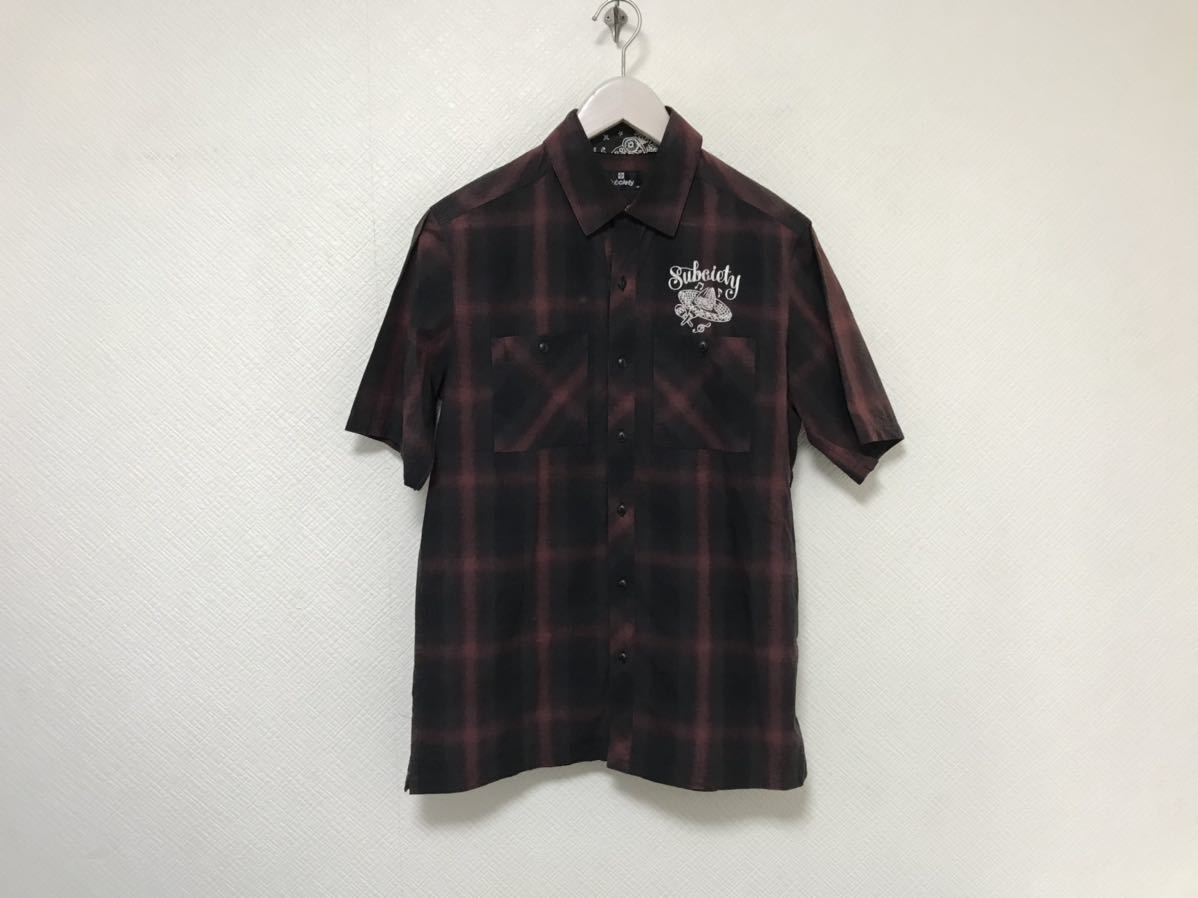 本物サブサエティSubcietyチェック柄コットンロゴ刺繍半袖シャツメンズミリタリーサーフストリートスケータービジネスM日本製赤レッド柄黒拍卖