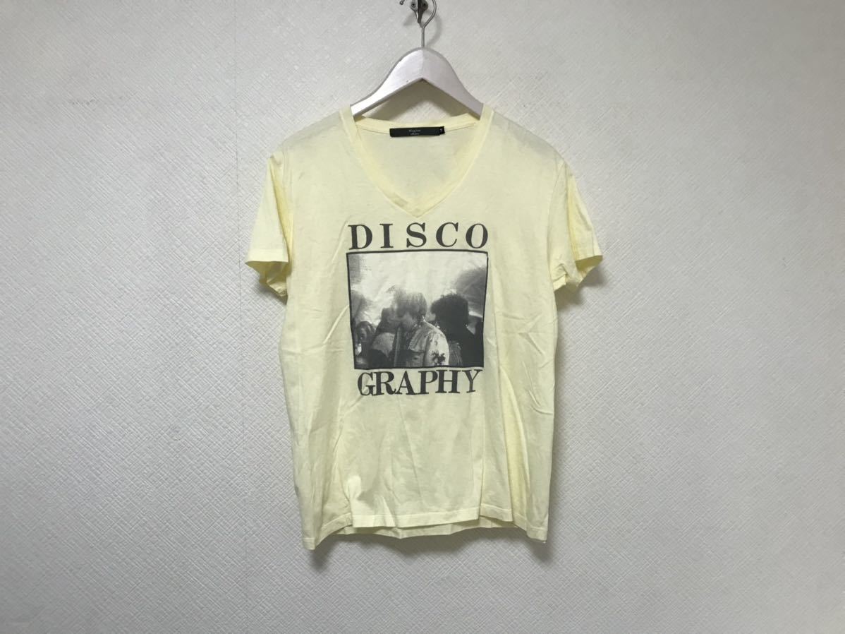 本物マージンMagineコットンフォトプリントVネック半袖TシャツメンズビジネススーツアメカジサーフMイエロー拍卖