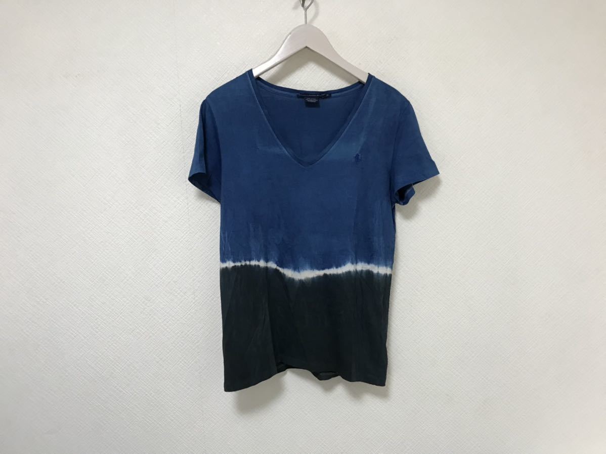 本物ラルフローレンスポーツRalphLaurenコットンVネック後染め柄半袖Tシャツメンズビジネススーツアメカジサーフ XL青ブルーペルー製拍卖
