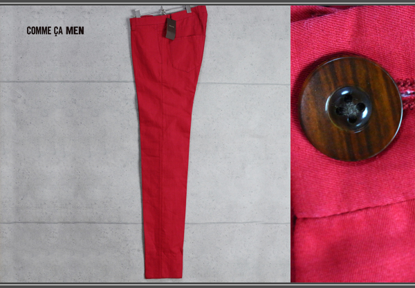 新品コムサメン春夏ハイカウントラミーコットンスラックスL赤麻2拍卖