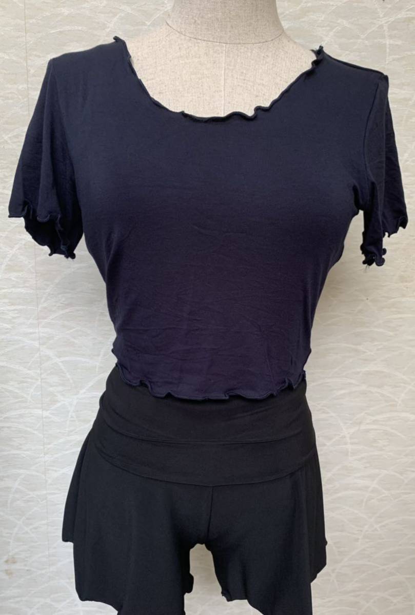 バレエ/ピラティス/ヨガなど 半袖ショートトップス ネイビー L拍卖