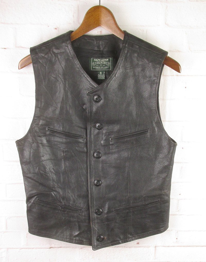 LAJ19458 RALPH LAUREN ラルフローレン カントリー レザーベスト S ブラック系拍卖