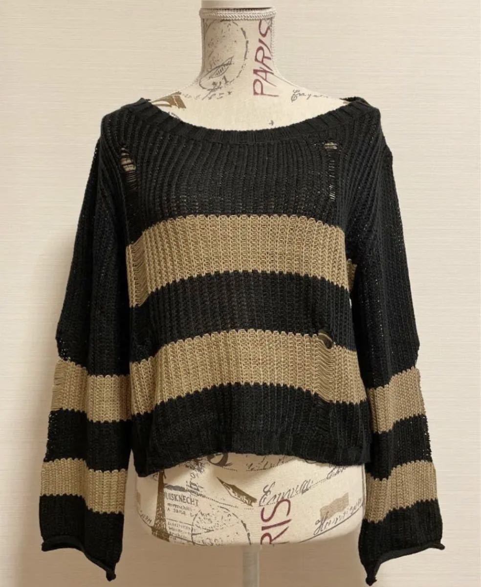 ボーダー ニット セーター ダメージ風 M 新品拍卖