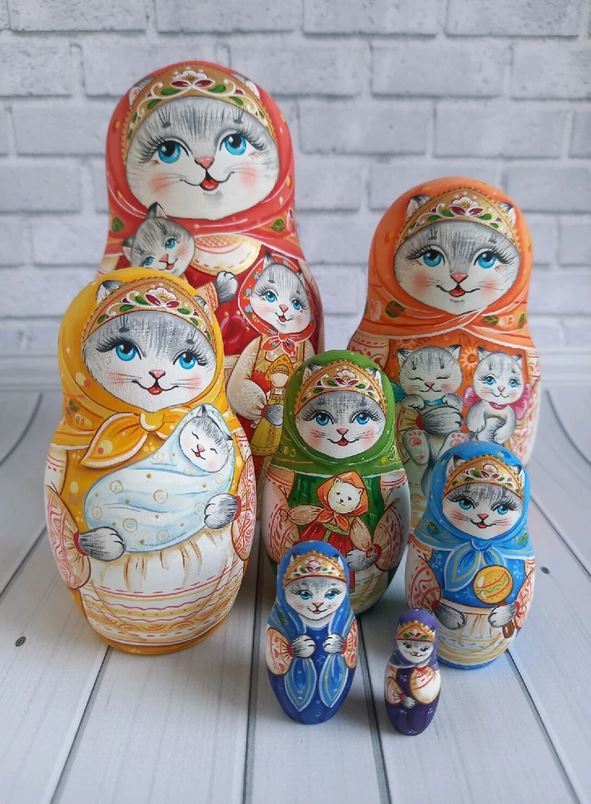 ★ロシア雑貨 マトリョーシカ ~ 虹色の猫・ねこ・ネコ ~ 7ピース 作家もの matryoshka nesting dolls拍卖