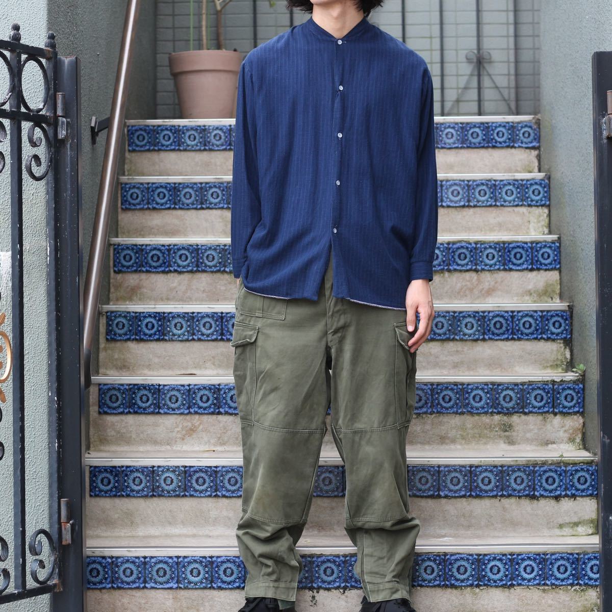 EU VINTAGE STRIPE PATTERNED OVER DYE SLEEPING SHIRT/ヨーロッパ古着ストライプ後染めスリーピングシャツ拍卖