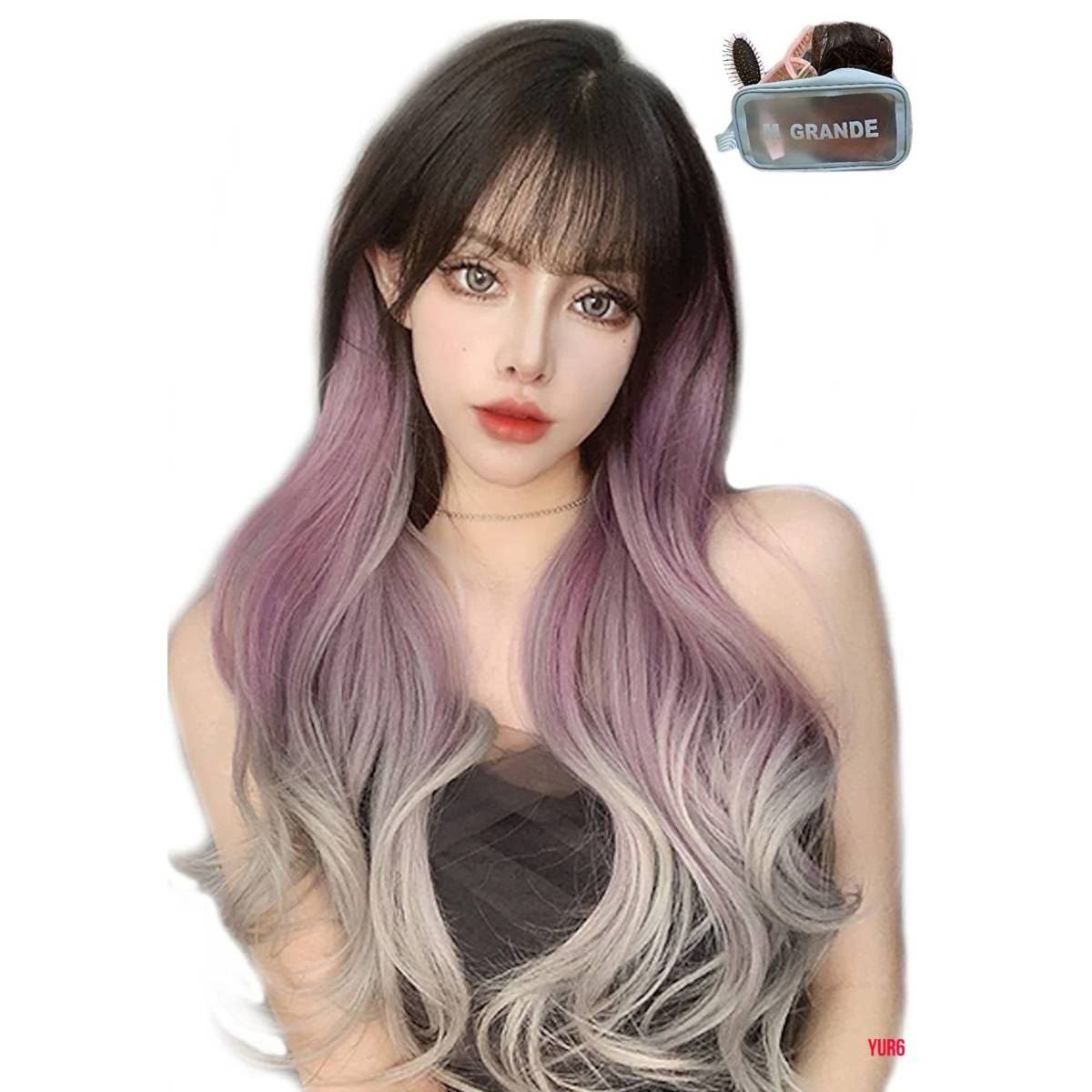 ブラウンピンクグレー グラデ ハーフウィッグ ロング ウェーブタイプ 耐熱ファイバー 簡単装着 お洒落 クリップ5か所 普段使い イベント拍卖