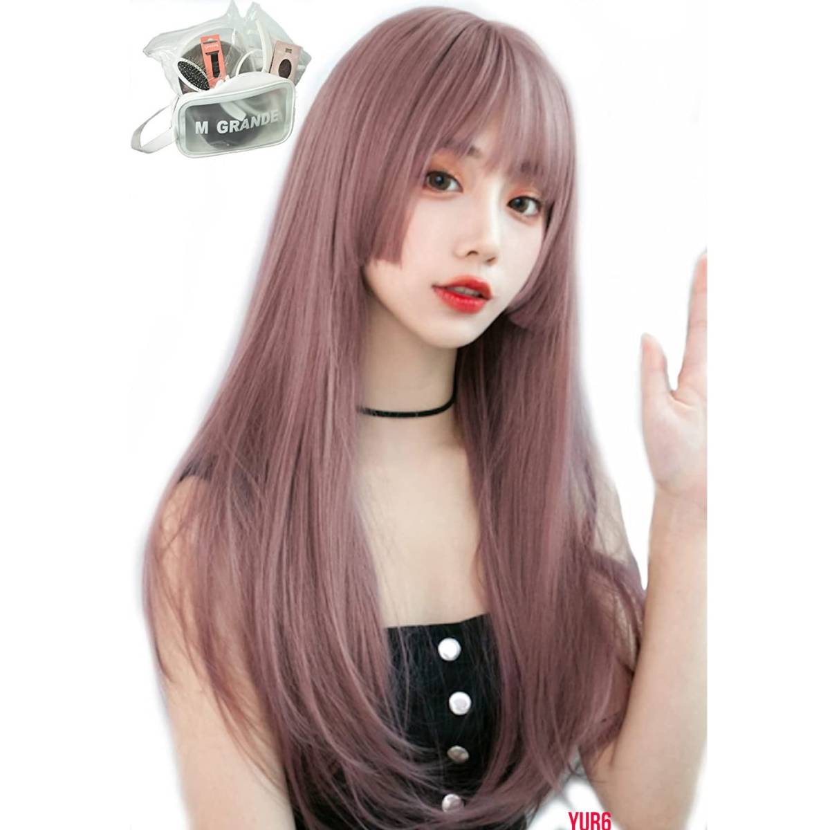 ロングストレートタイプウィッグ ピンクカラー Ca 前髪カール 人工頭皮 レディース かつら 小顔効果 耐熱 普段使い お洒落 拍卖