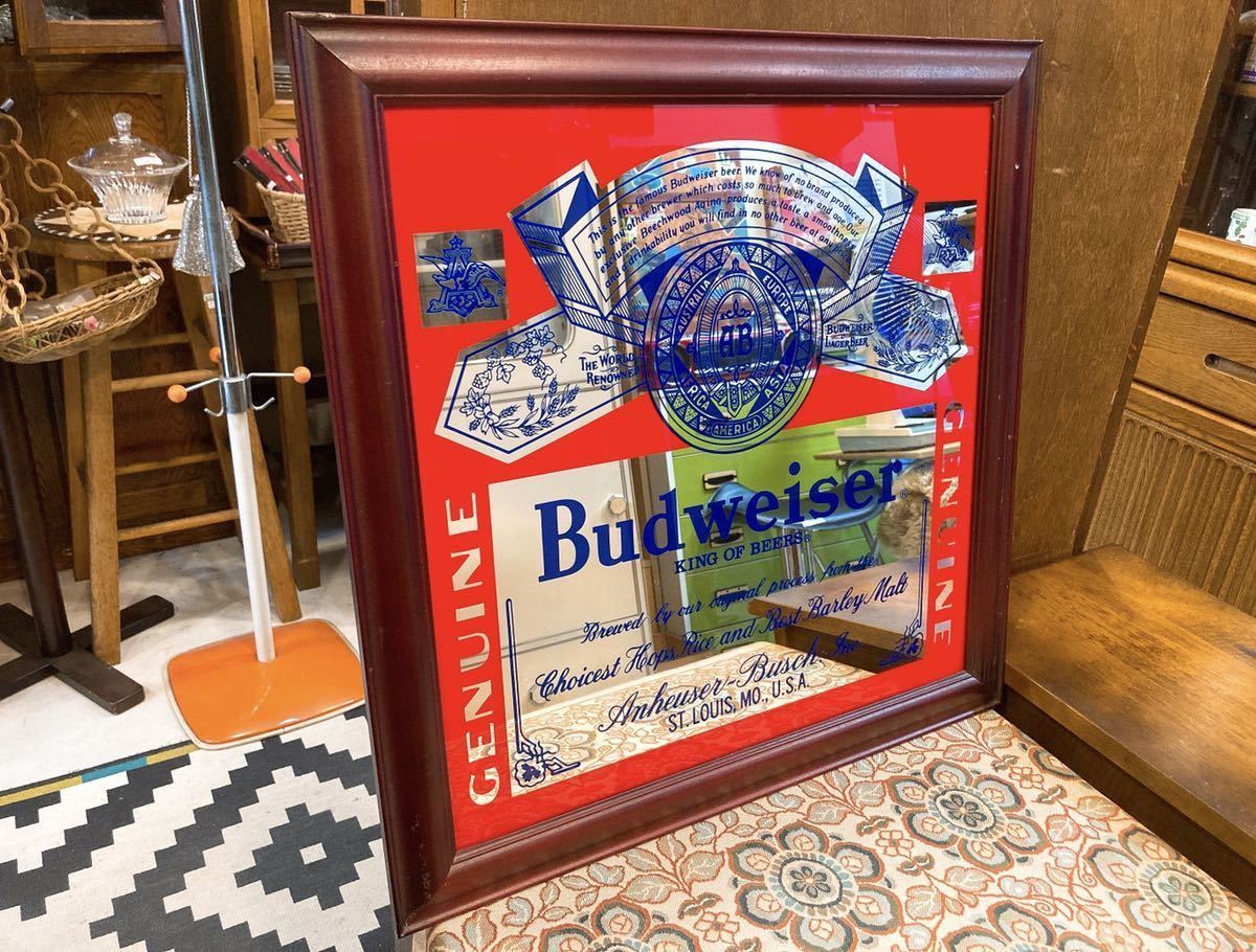 ☆Budweiser パブミラー☆バドワイザー/ビール/ミラー/鏡/壁掛け/木枠/BAR/アメリカン雑貨/ノベルティ/236拍卖
