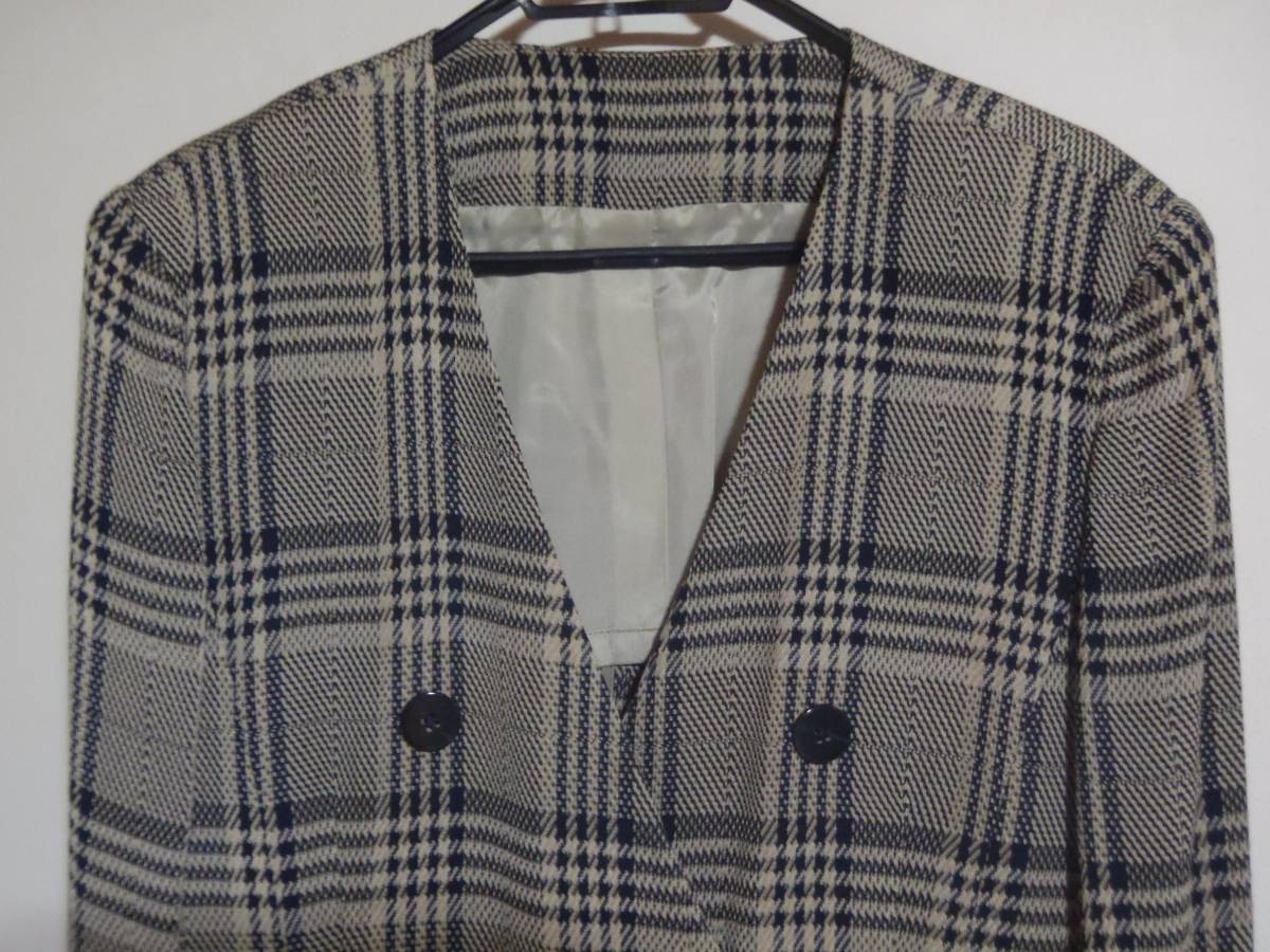スーツ 襟なし 紺xグレー チェック 前ダブル拍卖