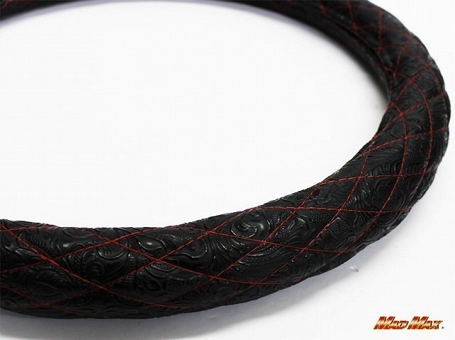 【送料800円】トラック用品 国産 和彫り ブラック/レッド シングルステッチ ハンドルカバーSサイズ/ステアリング拍卖