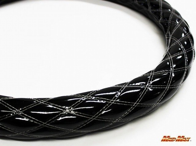 【送料800円】カー用品 国産 エナメル ブラック/ホワイト ダブルステッチ ハンドルカバー Mサイズ/ステアリング拍卖