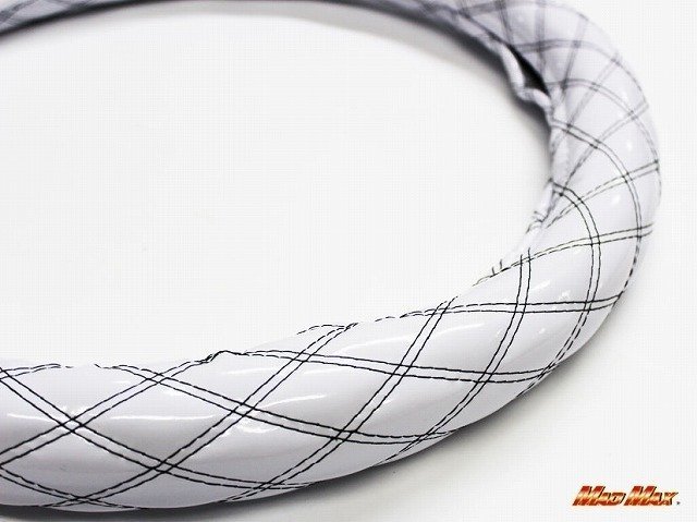 【送料800円】カー用品 国産 エナメル ホワイト/ブラック ダブルステッチ ハンドルカバー Mサイズ/ステアリング拍卖
