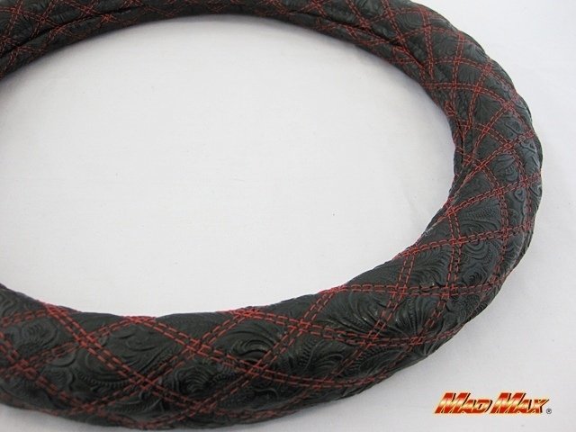 【送料800円】トラック用品 国産 和彫り ブラック/レッド ダブルステッチ ハンドルカバー LSサイズ/ステアリングカバー拍卖