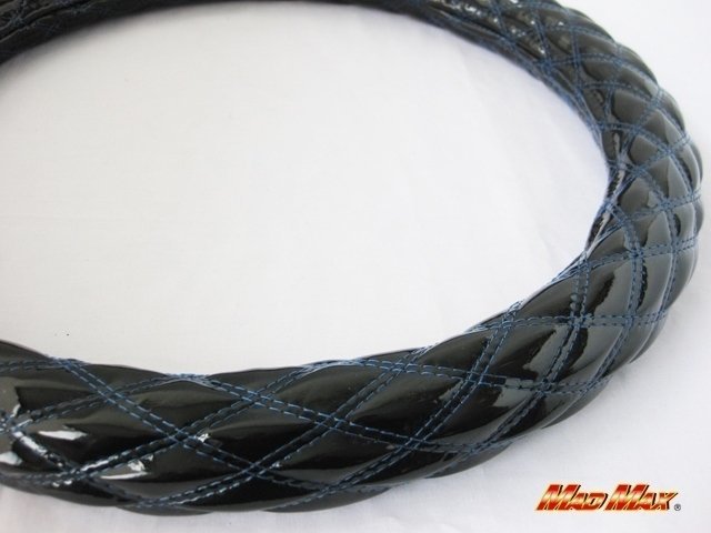 【送料800円】カー用品 国産 エナメル ブラック/ライトブルー ダブルステッチ ハンドルカバー Sサイズ/ステアリング拍卖