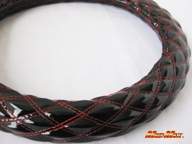 【送料800円】カー用品 国産 エナメル ブラック/レッド ダブルステッチ ハンドルカバー Mサイズ/ステアリングカバー拍卖