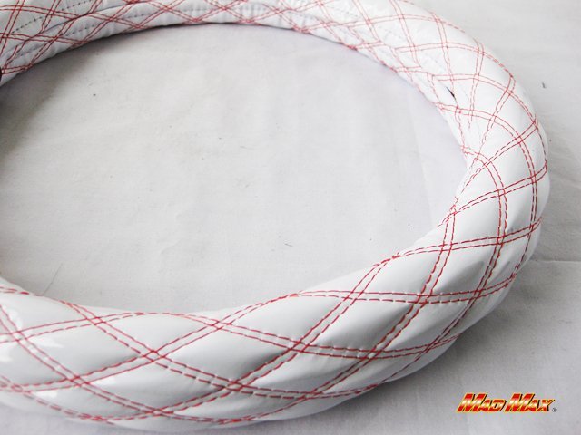 【送料800円】トラック用品 国産 エナメル ホワイト/レッド ダブルステッチ ハンドルカバー 2HLサイズ/ステアリング拍卖