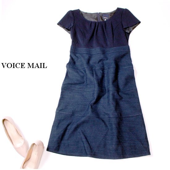 ☆☆ 美品 VOICEMAIL ヴォイスメール ☆☆ ジャージー切り替え ライトツイード ワンピース 36号 S 春 夏 22A09拍卖