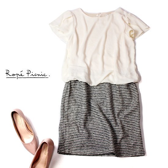 ☆☆ 美品 Rope Picnic ロペピクニック ☆☆ 綺麗め ニットツイード切り替え ジョーゼット生地 ワンピース 38号 春 夏 22B09拍卖