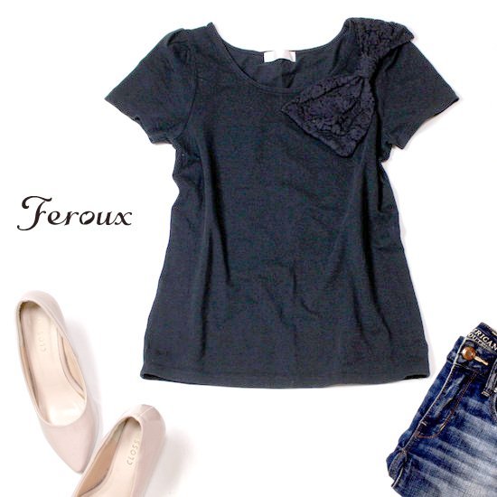 ☆☆ 美品 オンワード樫山 Feroux フェルゥ ☆☆ 可愛いリボン コットンストレッチ カットソー 2号 M 春 夏 22C09拍卖