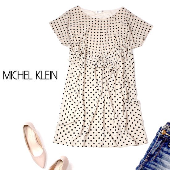 ☆☆ 美品 MICHEL KLEIN ミッシェルクラン ☆☆ 可愛いリボン・ドット柄 ストレッチ ワンピース 38号 春 夏 22C09拍卖