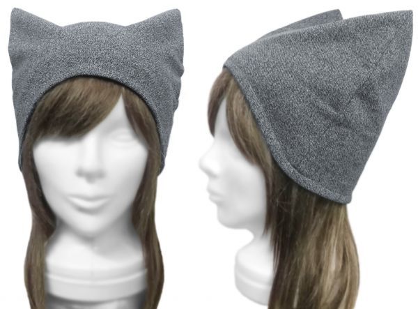 ☆ハロウィン☆ ◇送料無料◇ ハンドメイド◆シンプル 猫耳帽子◆コットンニット/杢グレー ◇オールシーズン着用◇拍卖