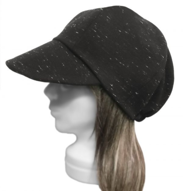 ハンドメイド◆つば広キャスケット◆コットンストレッチネップニット/黒系 ◇紫外線対策・ゆったりサイズ・小顔効果・長いシーズン着用◇拍卖