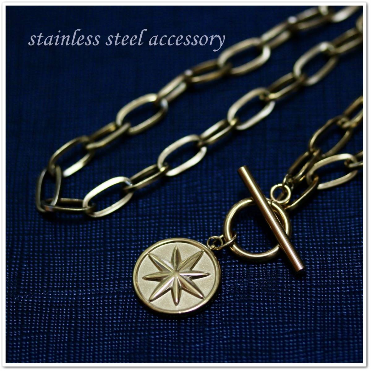 N7652/オールステンレス マンテルネックレス スター コインネックレス メダル 幅広 太め ステンレスチェーン 金色 18金加工 星 宇宙 拍卖