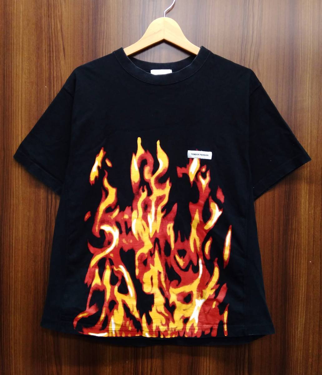 TENDER PERSON / テンダーパーソン プリント 半袖Tシャツ FLAMEPATTERN TEE AL-TO-1216 炎 ブラック 表記サイズ00 サイズXS相当拍卖