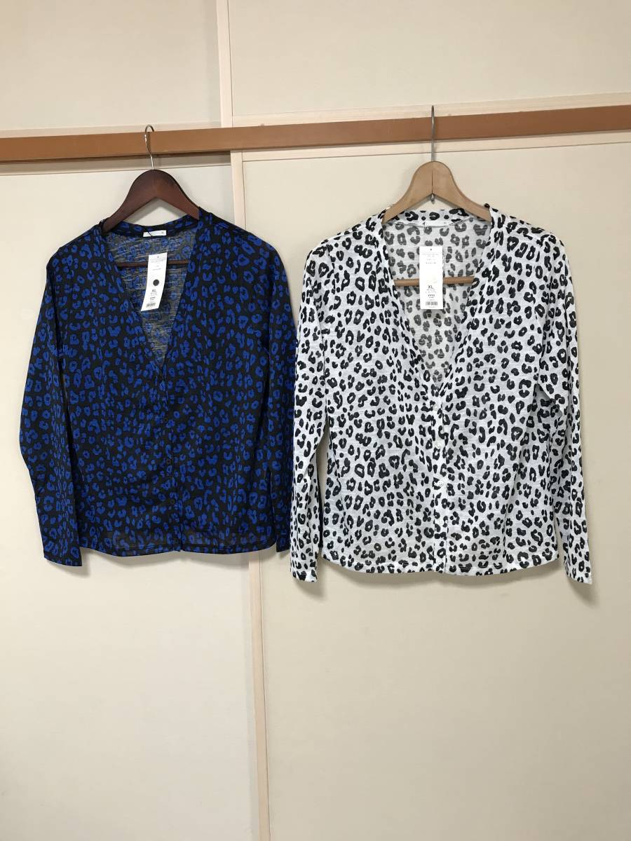GUのレディースカーディガンヒョウ柄レオパード柄2着セット白ベースと黒ベースXL未使用タグ付き拍卖