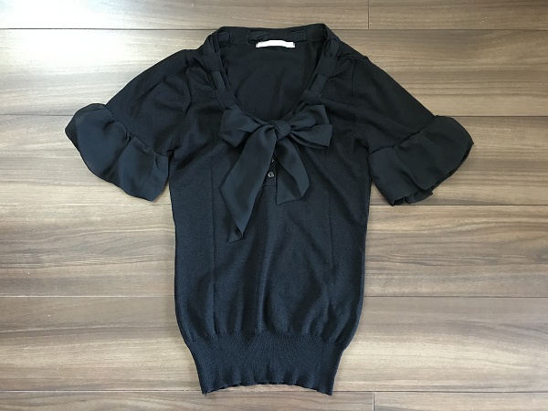TITE AU BLEU ティテオブルー 半袖 シャツ シフォン リボン ボウタイ 袖 ヘンリーネック M 黒 ブラック/ブラウス/上品/可愛い/エレガント拍卖
