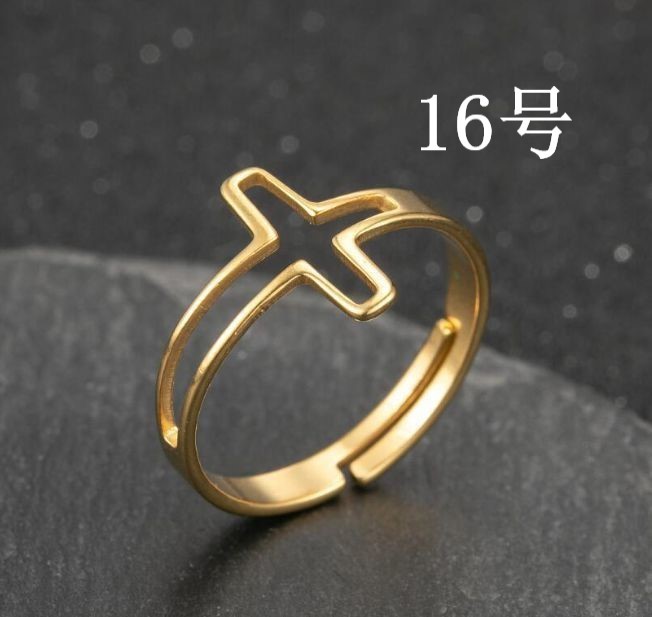 クロスリング ゴールド 16号 ステンレス おしゃれ 指輪 十字架 クロス リング 透かし 型抜き くり抜き拍卖