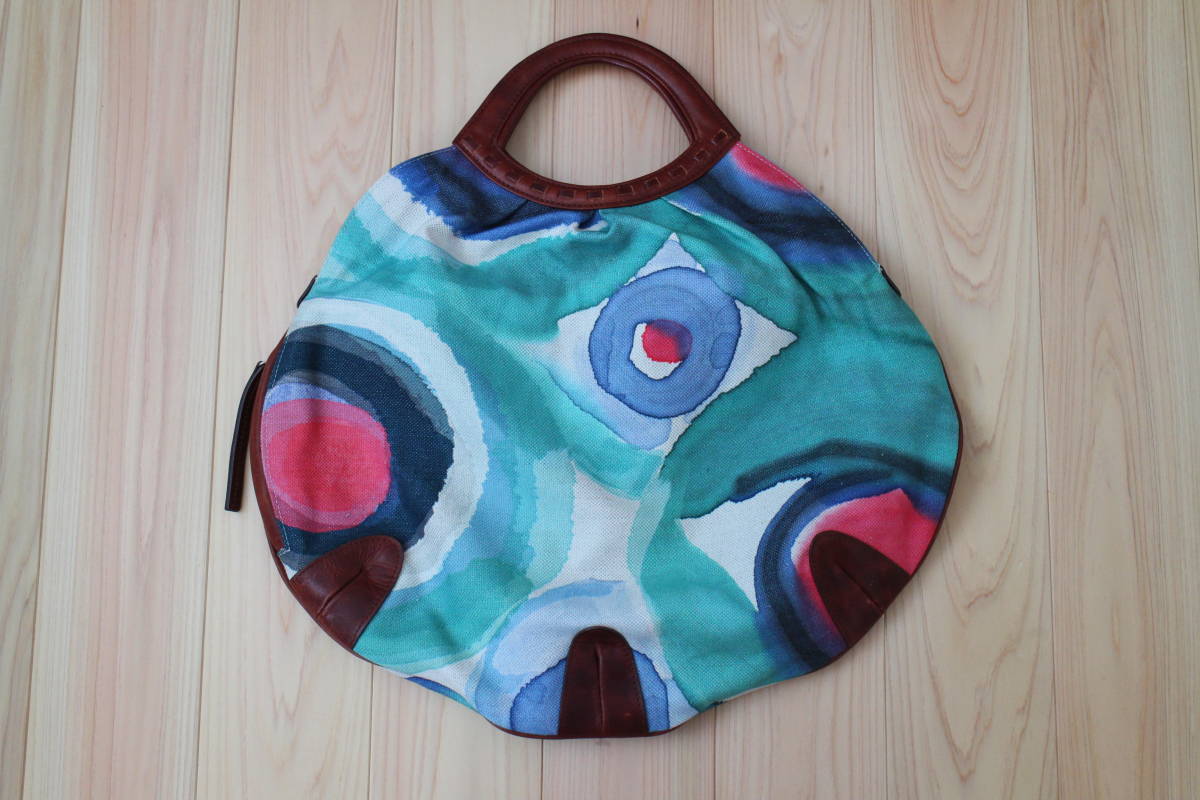 【注目の的♪】UIN DONN*ウィンドアン*水彩アート風レザークラフトラウンドレトロハンドバッグ革製 日本製3.5万マーブリング北欧パーティー拍卖