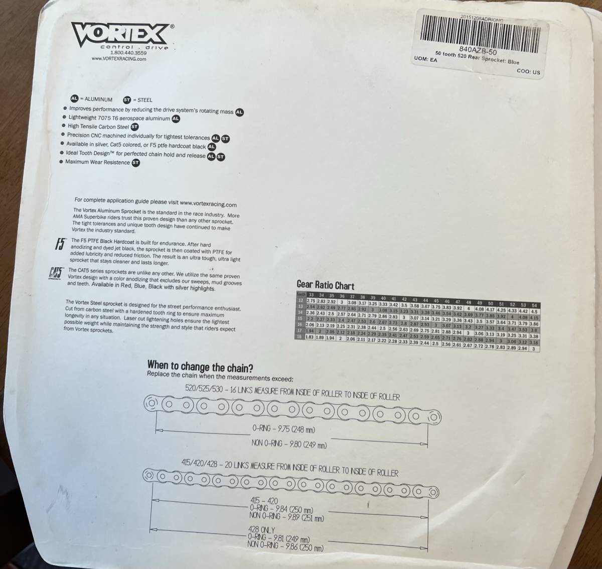 Vortex racing Sprocket 840AZB-50 青拍卖